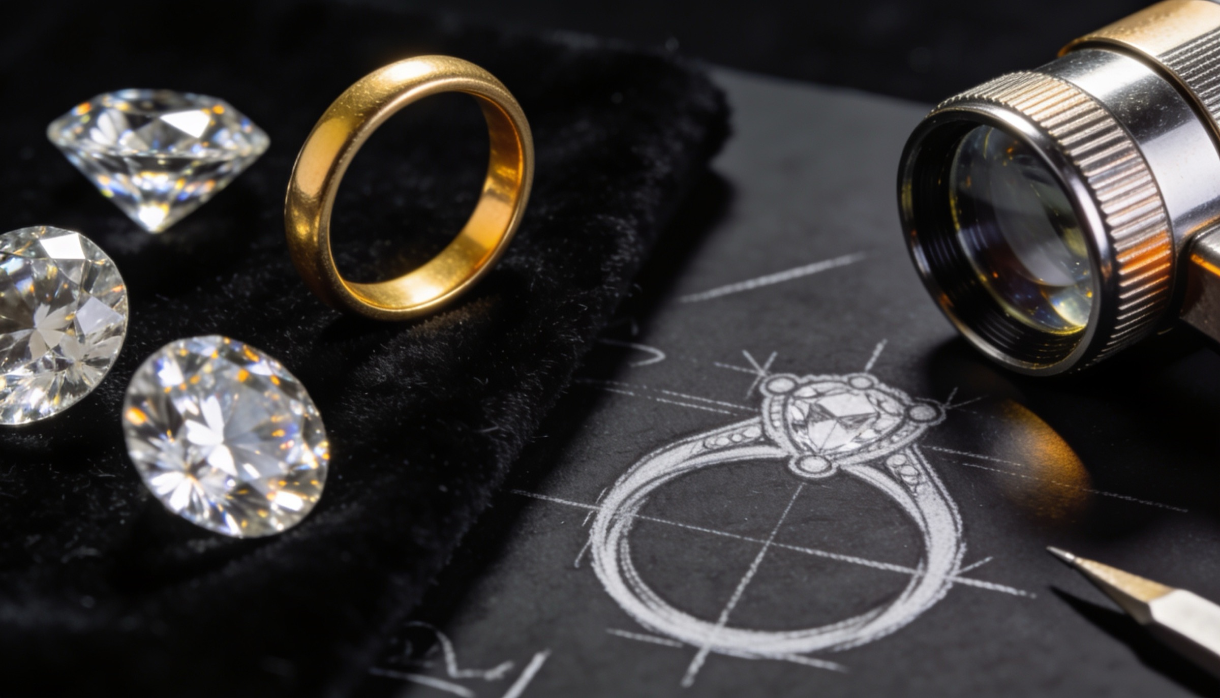 Loose diamonds, a gold band and a jeweller's loupe on a design sketch