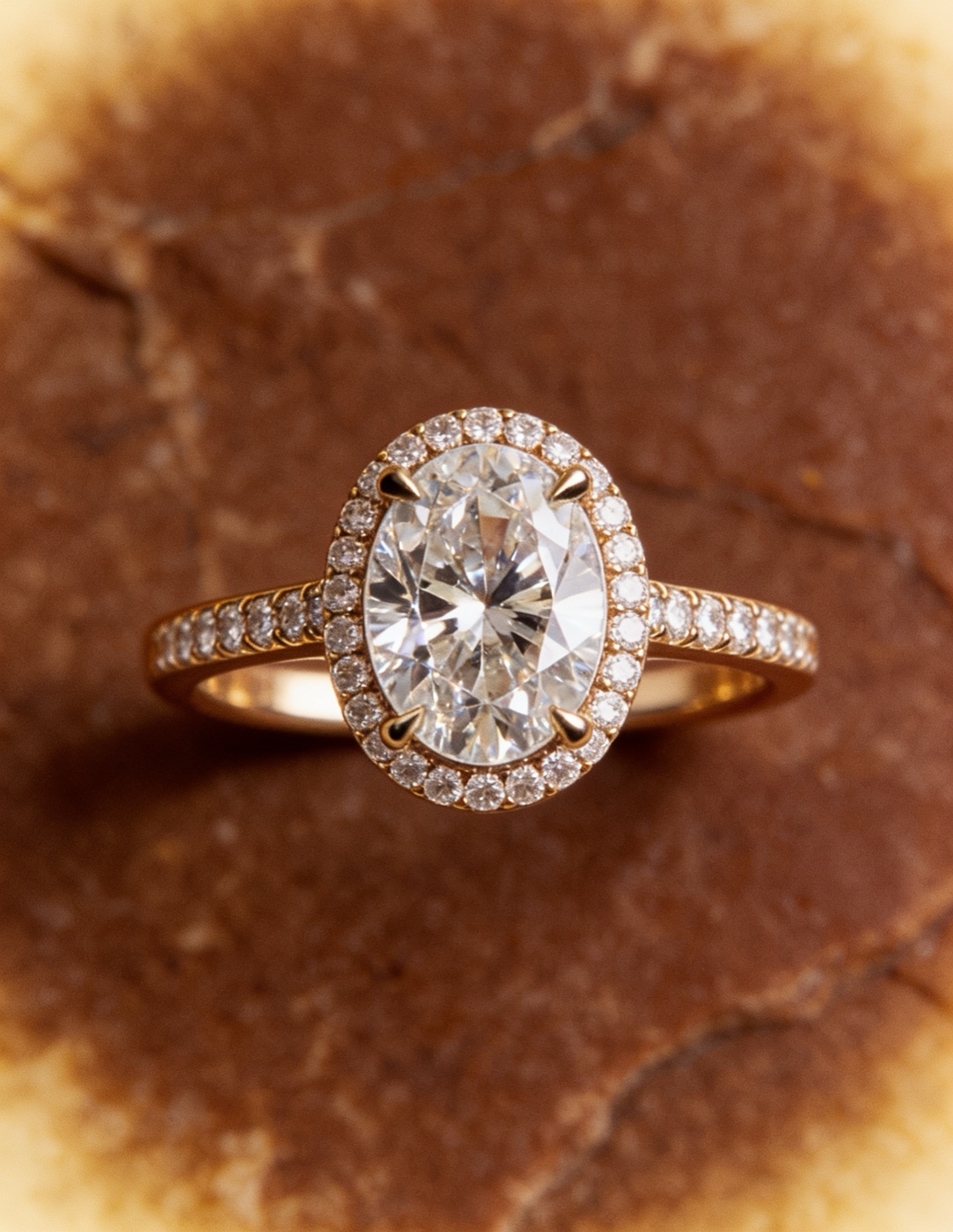 Oval diamond solitaire with a hidden halo and pave shoulders