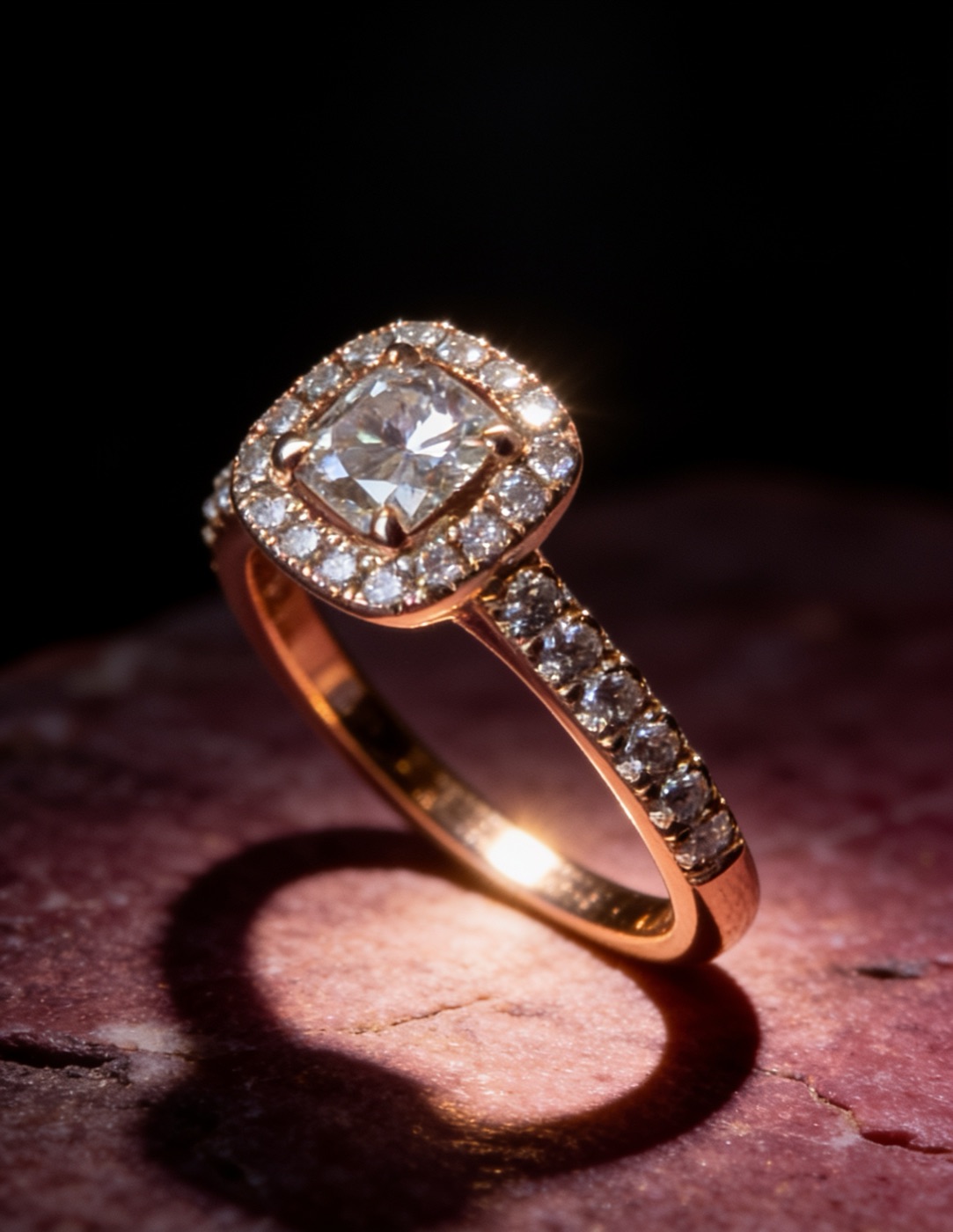 Rose-gold cushion halo diamond engagement ring