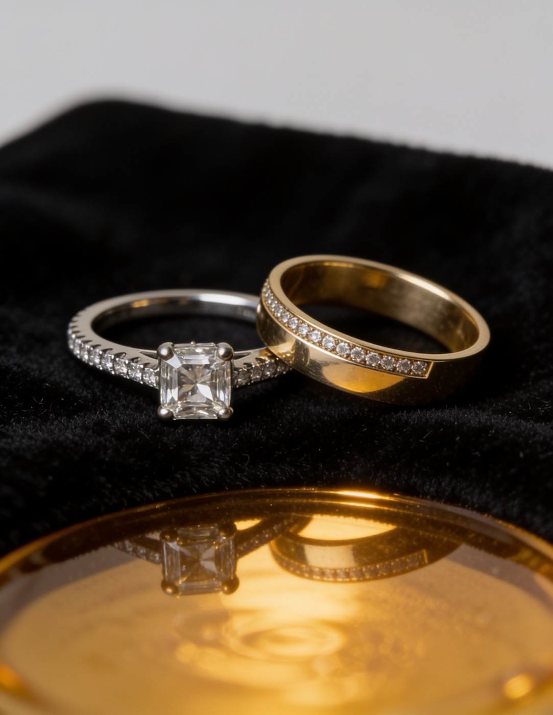 A platinum asscher solitaire beside a diamond-set gold wedding band