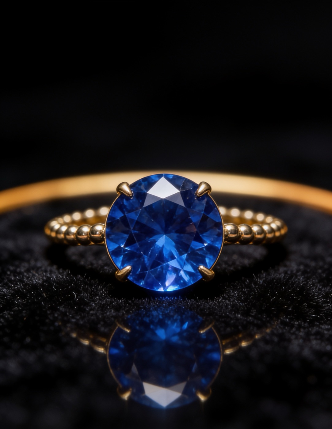 A round blue sapphire on a beaded gold band